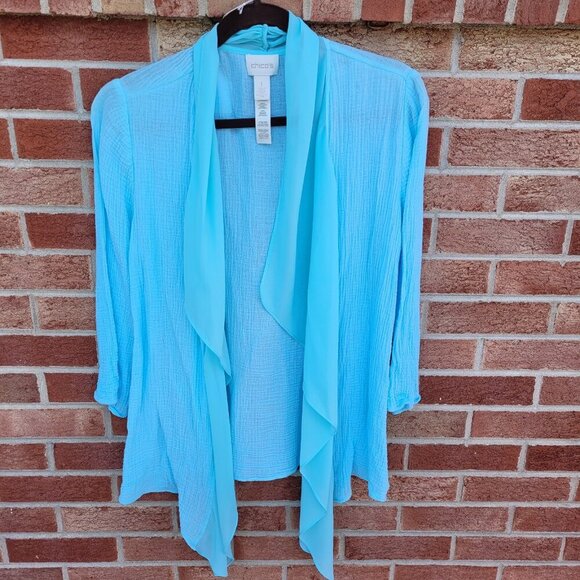 Chico's Sheer Open Front Cardigan Women's Size Medium Blue Lightweight - Picture 1 of 5